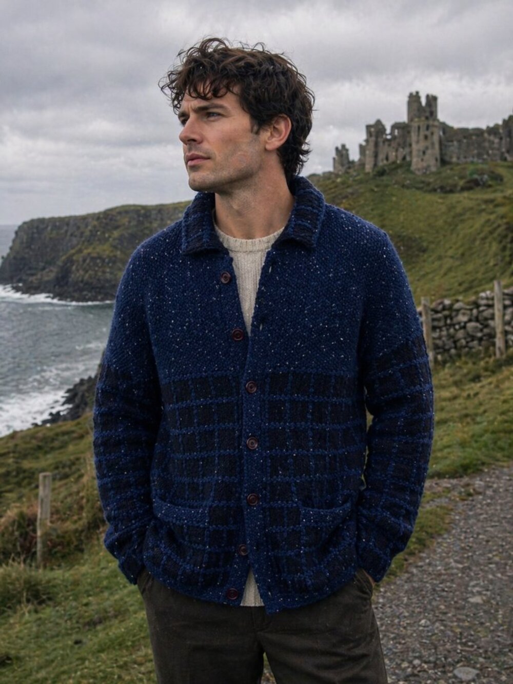 NWOT Aran Sweater Market Handmade Black and Blue Irish Knit Wool Cardigan Sz XXL